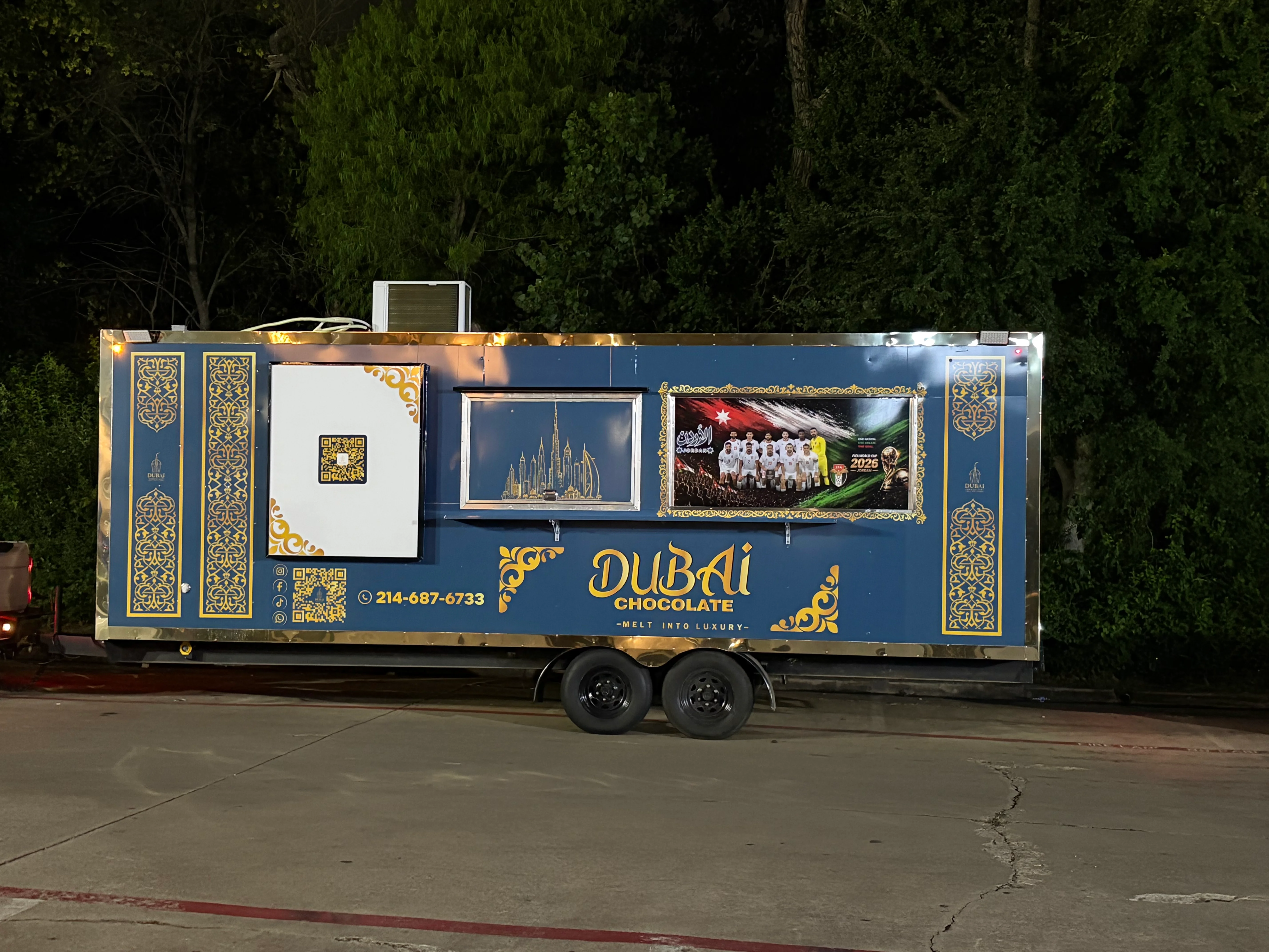Food truck featuring Dubai Chocolate branding and decorative elements