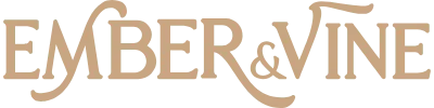 A stylized logo featuring a flame intertwined with grape vines, representing a brand named 'Ember & Vine'.