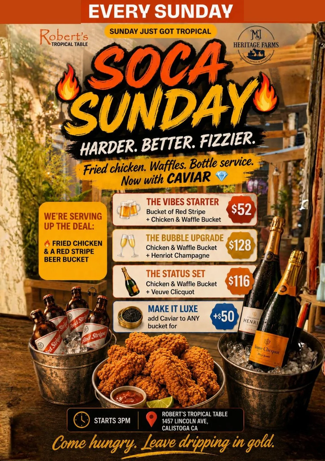 Fried chicken and waffles served in a vibrant restaurant setting