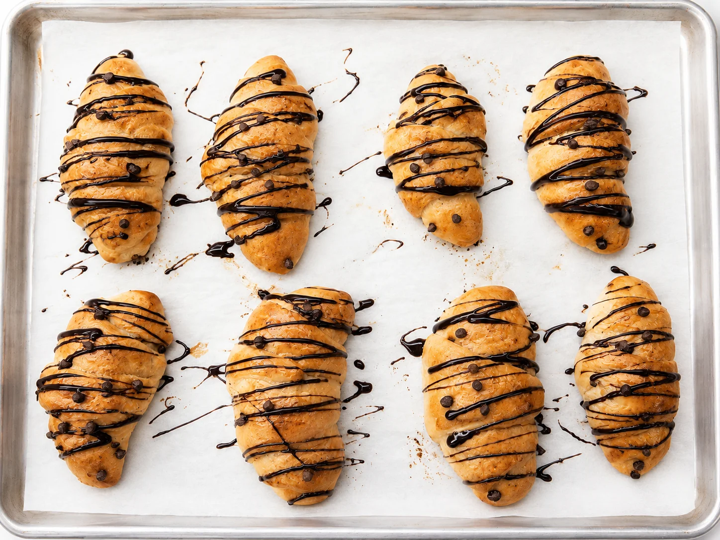 Chocolate drizzled croissants on a baking sheet