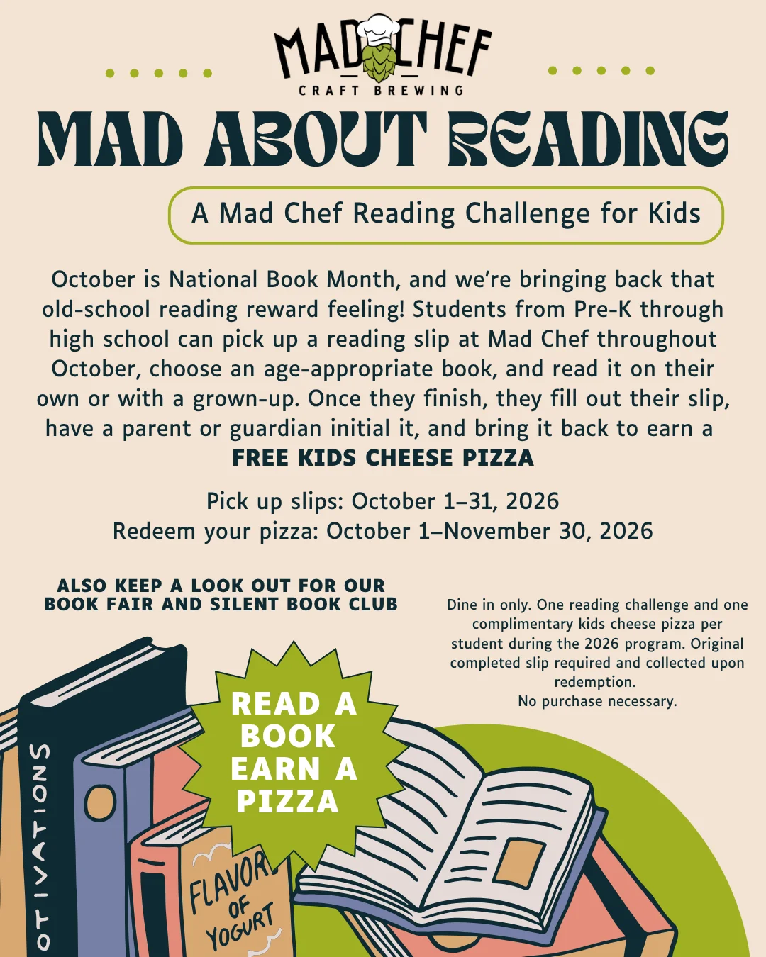 Reading challenge flyer for kids with pizza reward