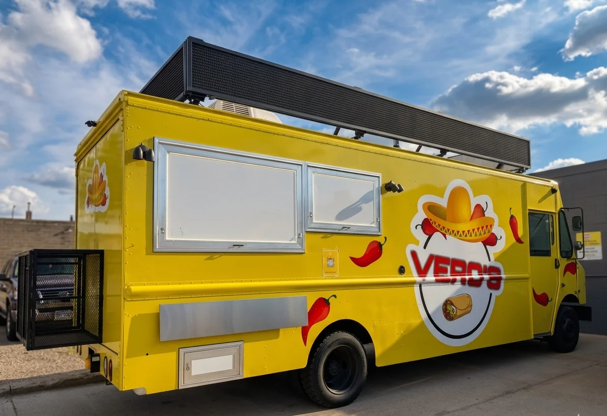 Bright yellow food truck with chili and sombrero design