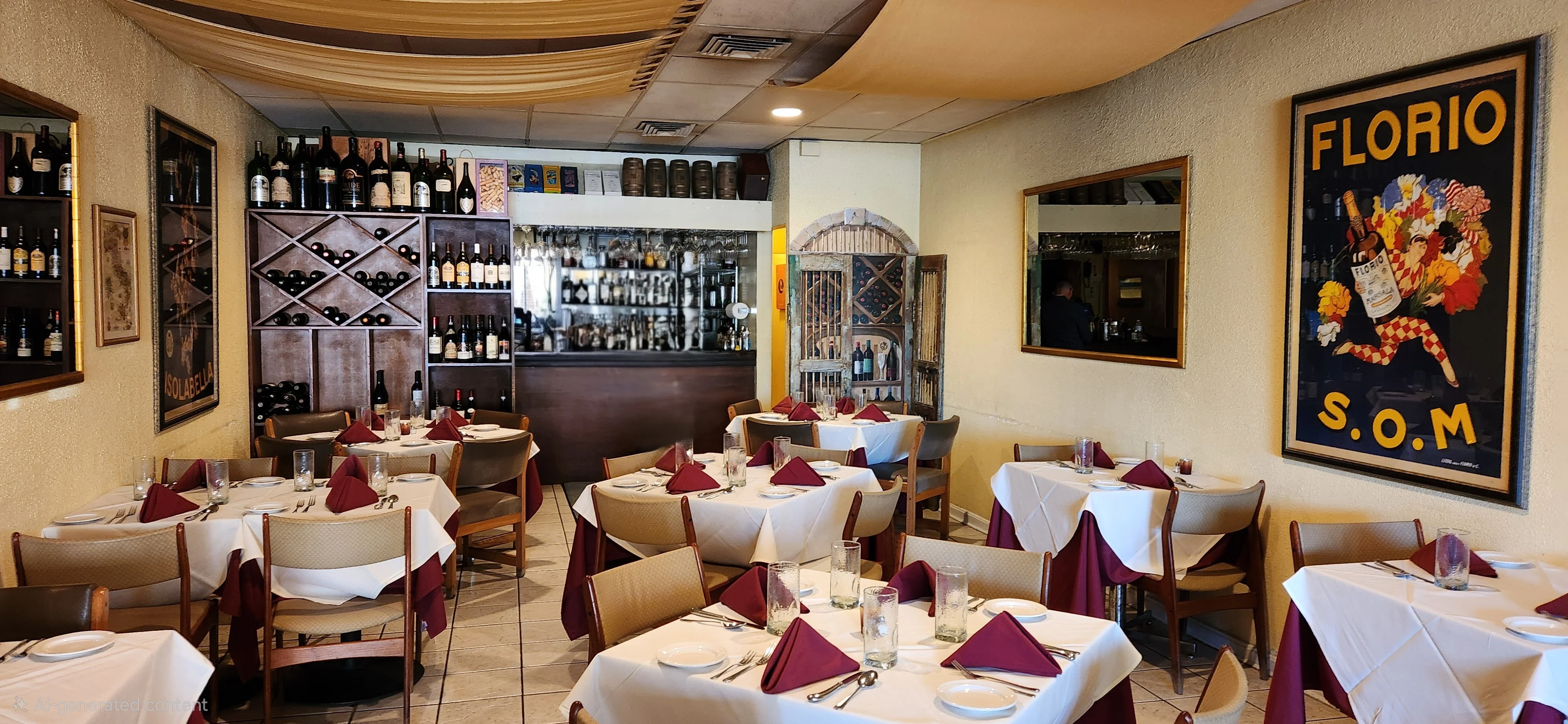 Cozy restaurant interior with wine displays and elegant table settings