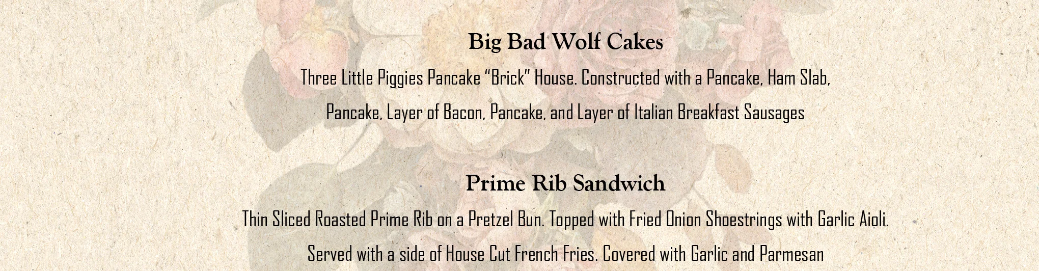Mother's Day brunch menu featuring diverse dishes