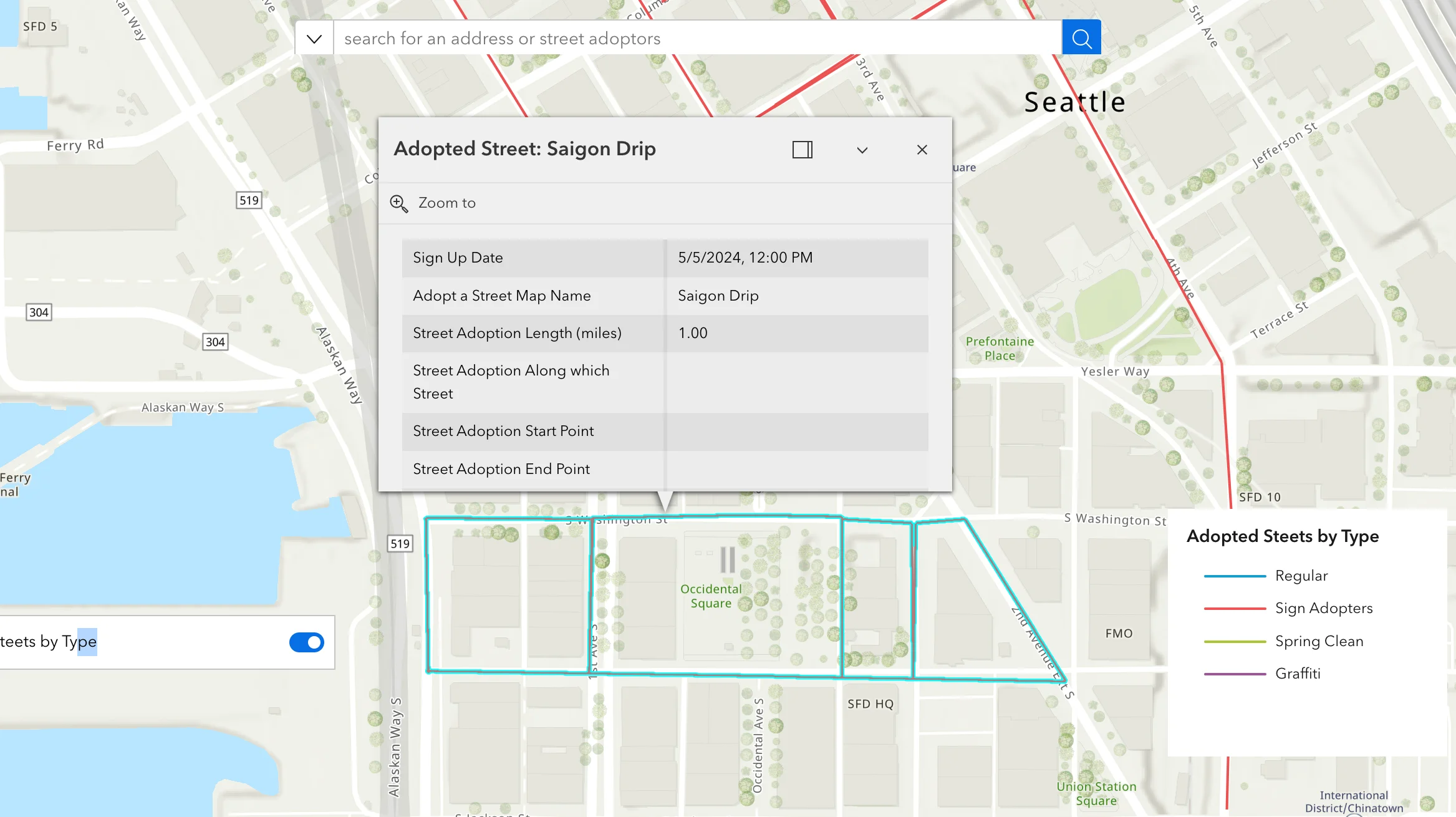 Map showing adopted street Saigon Drip in Seattle