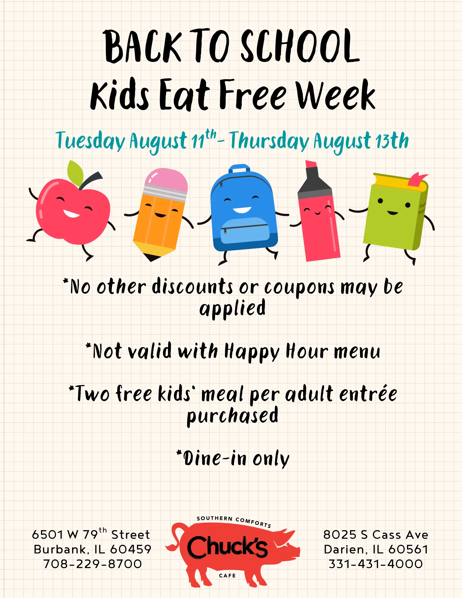 Promotional flyer for Kids Eat Free Week at Chuck's Cafe