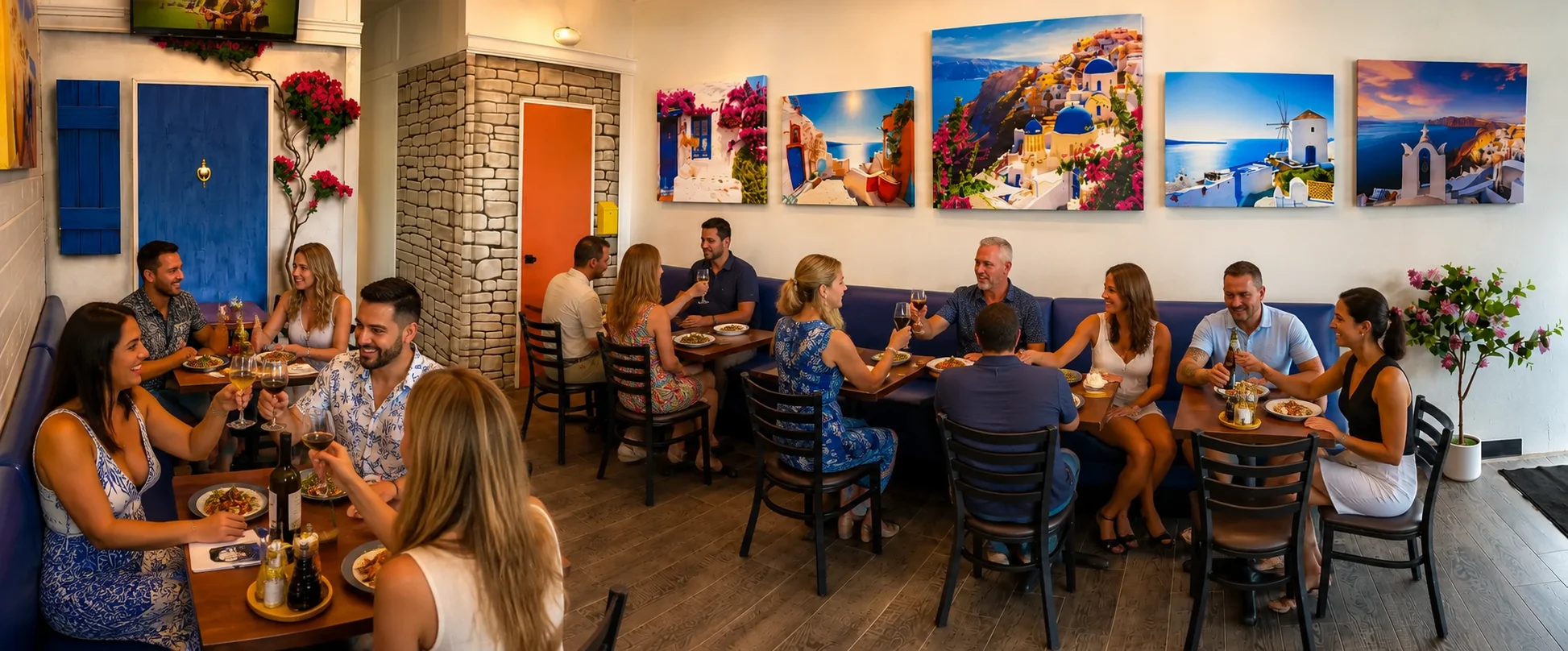 Vibrant restaurant interior with diners enjoying Mediterranean cuisine