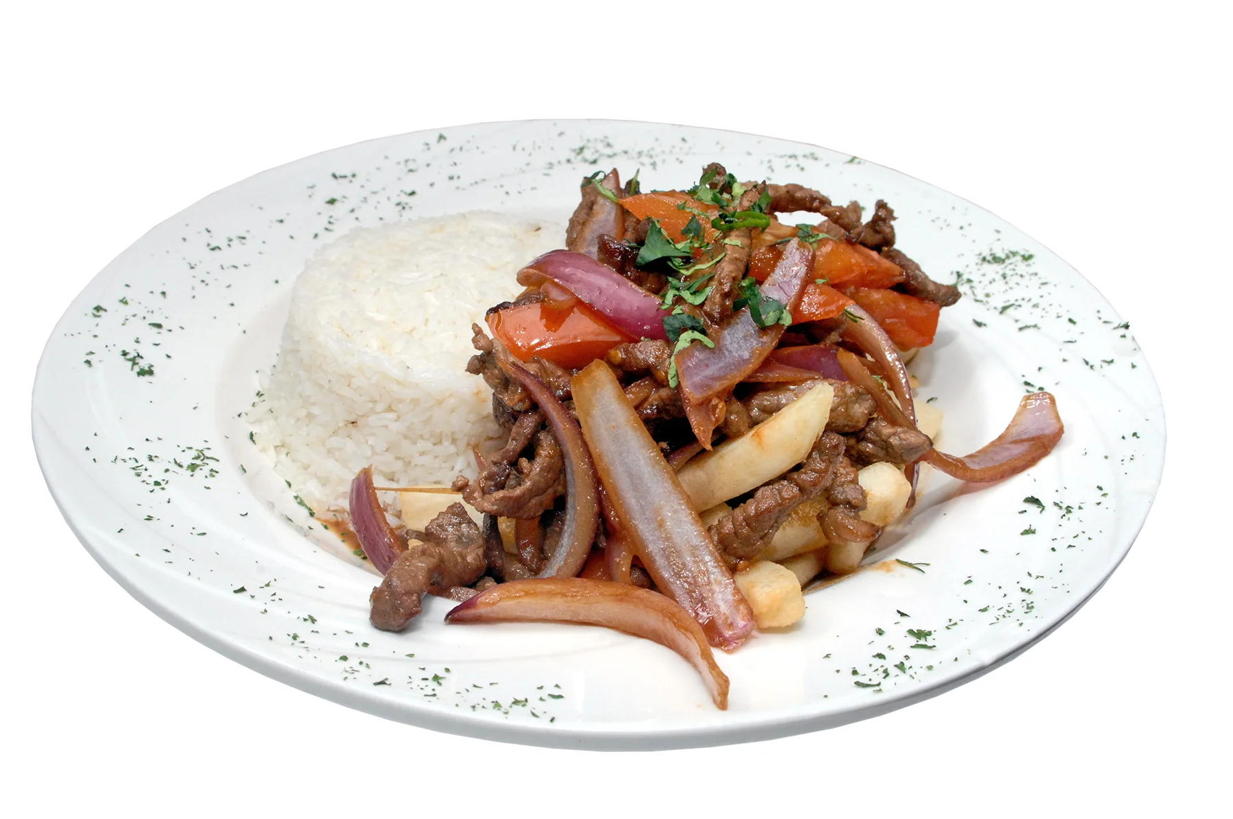 Peruvian lomo saltado with rice and fries