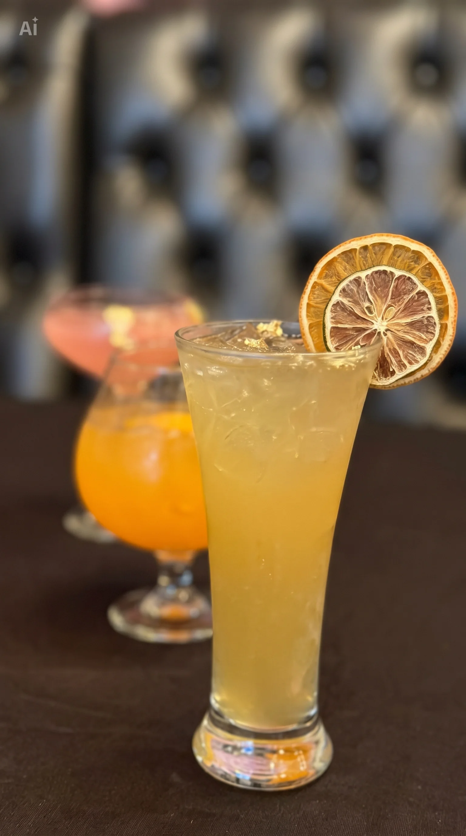 A refreshing cocktail with a dried citrus garnish, served in a tall glass alongside other colorful drinks on a black table.