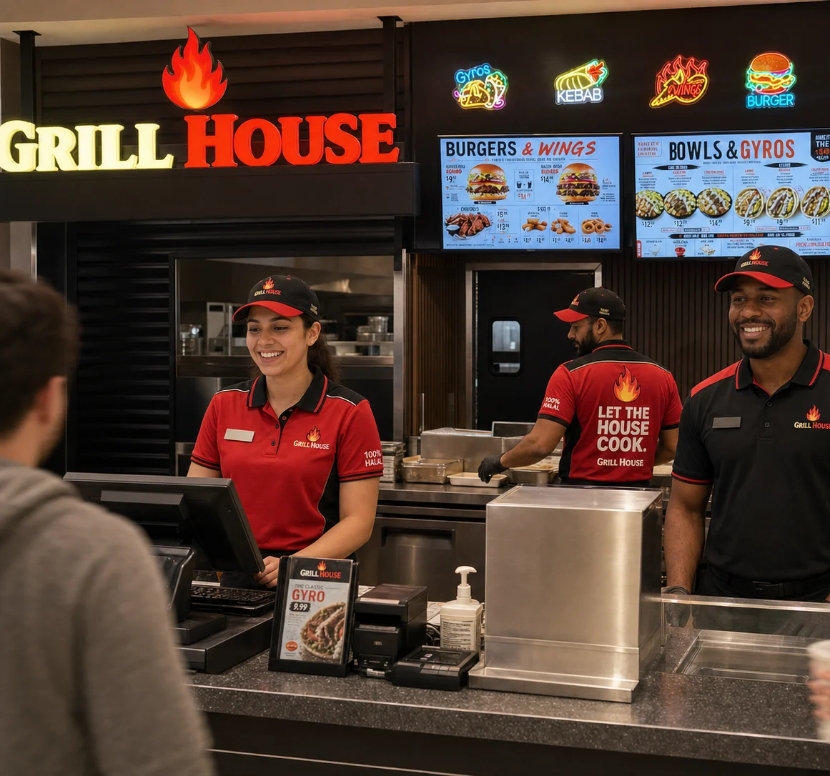 A bowl filled with seasoned grilled meat served over grains, accompanied by fresh lettuce, diced tomatoes, and cucumber slices, all drizzled with a creamy sauce.