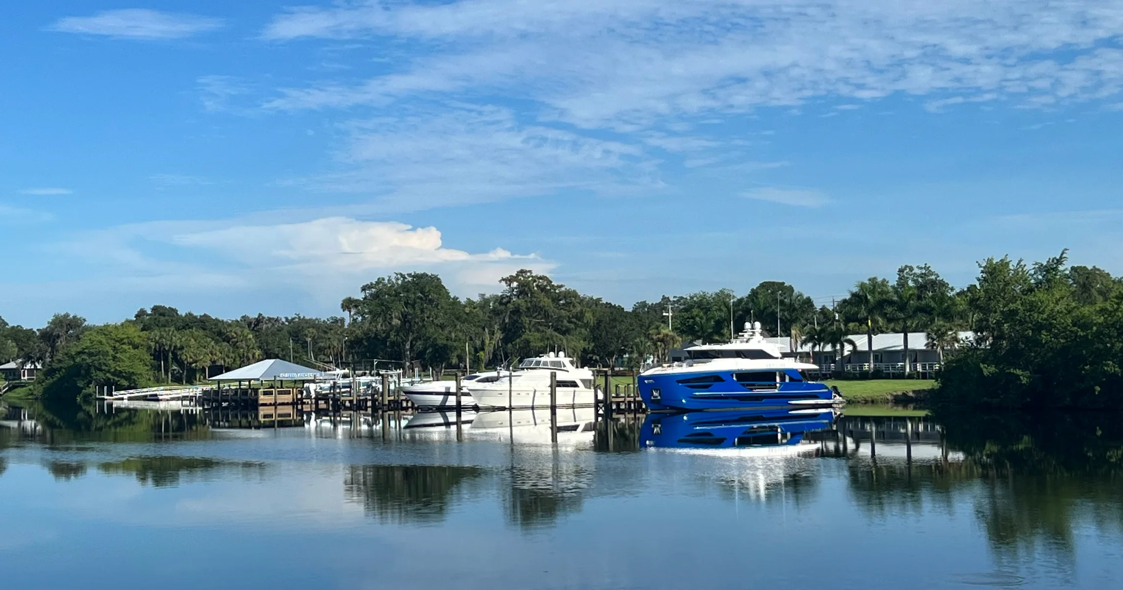 Luxury yachts docked by a serene waterfront