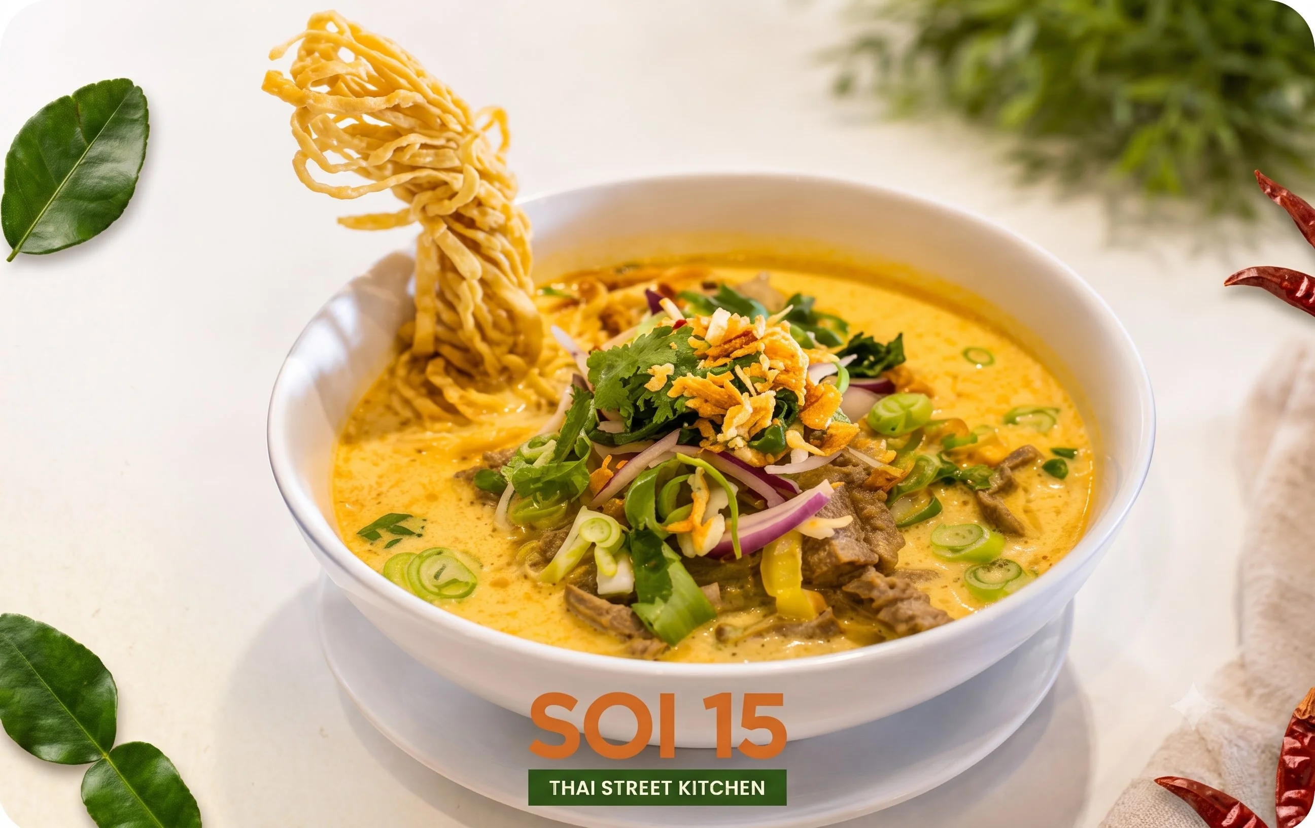 Bowl of Khao Soi, a traditional Thai coconut curry noodle soup
