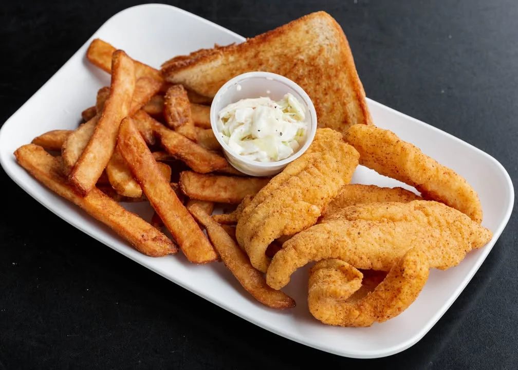 Southern fried catfish with fries and coleslaw