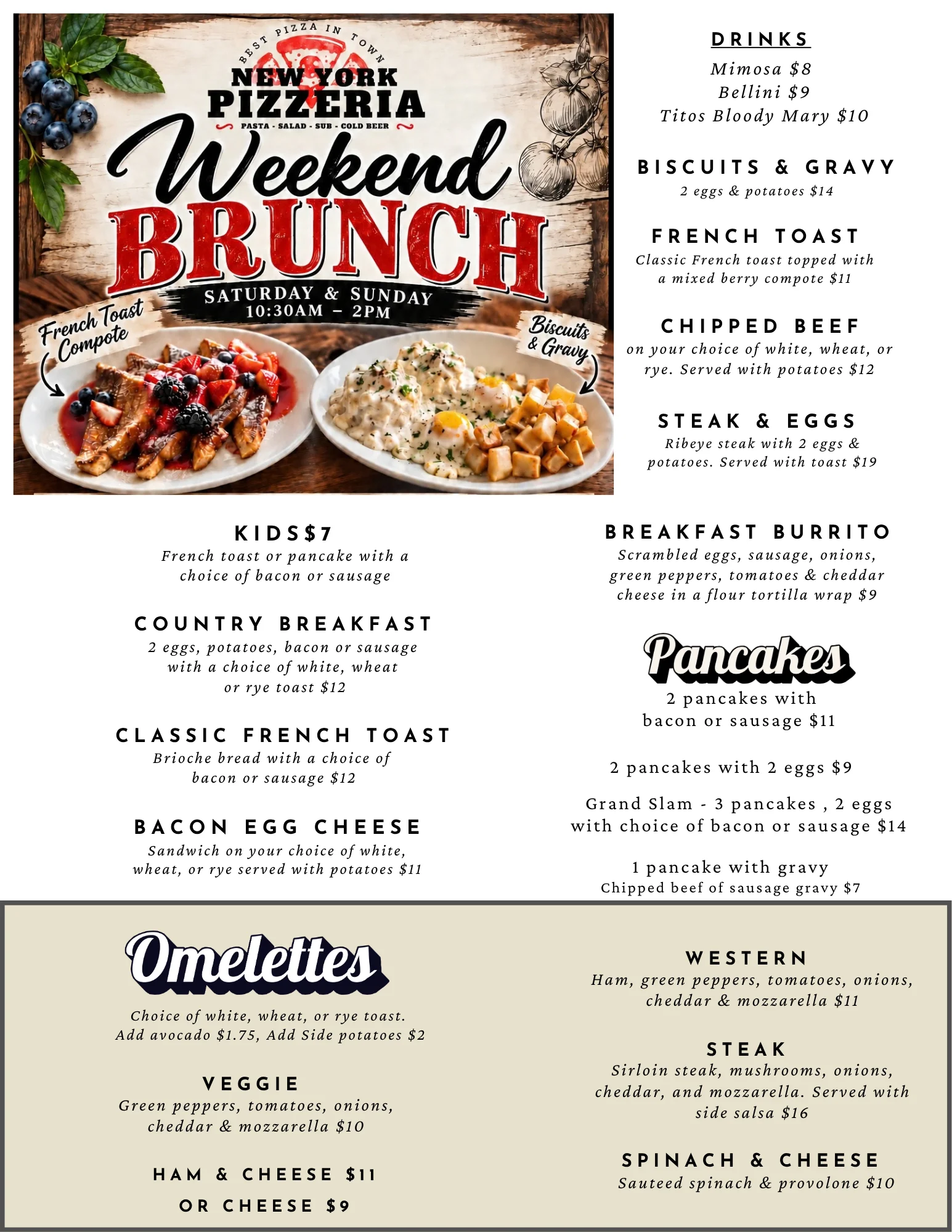 Restaurant brunch menu featuring French toast, biscuits and gravy, pancakes, and omelets