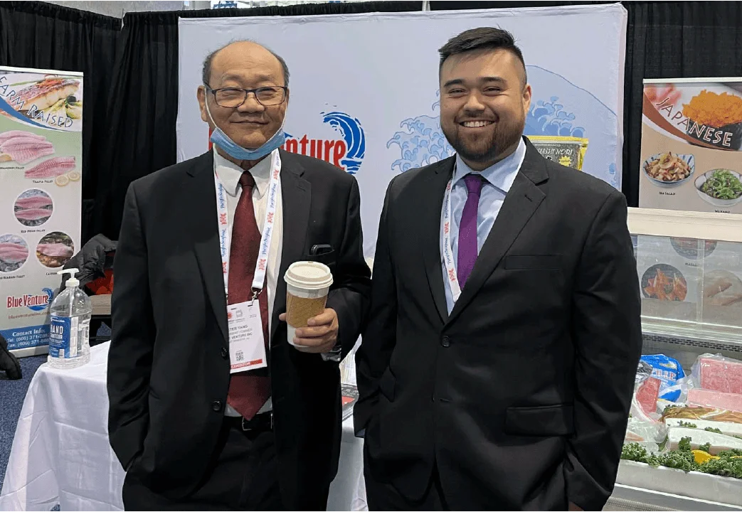 Blue Venture Inc. booth at the Seafood Expo in Boston — the seafood import company owned by the Mahzu family