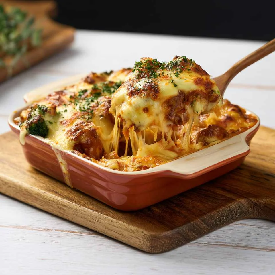 Cheesy Italian lasagna bubbling in a ceramic dish