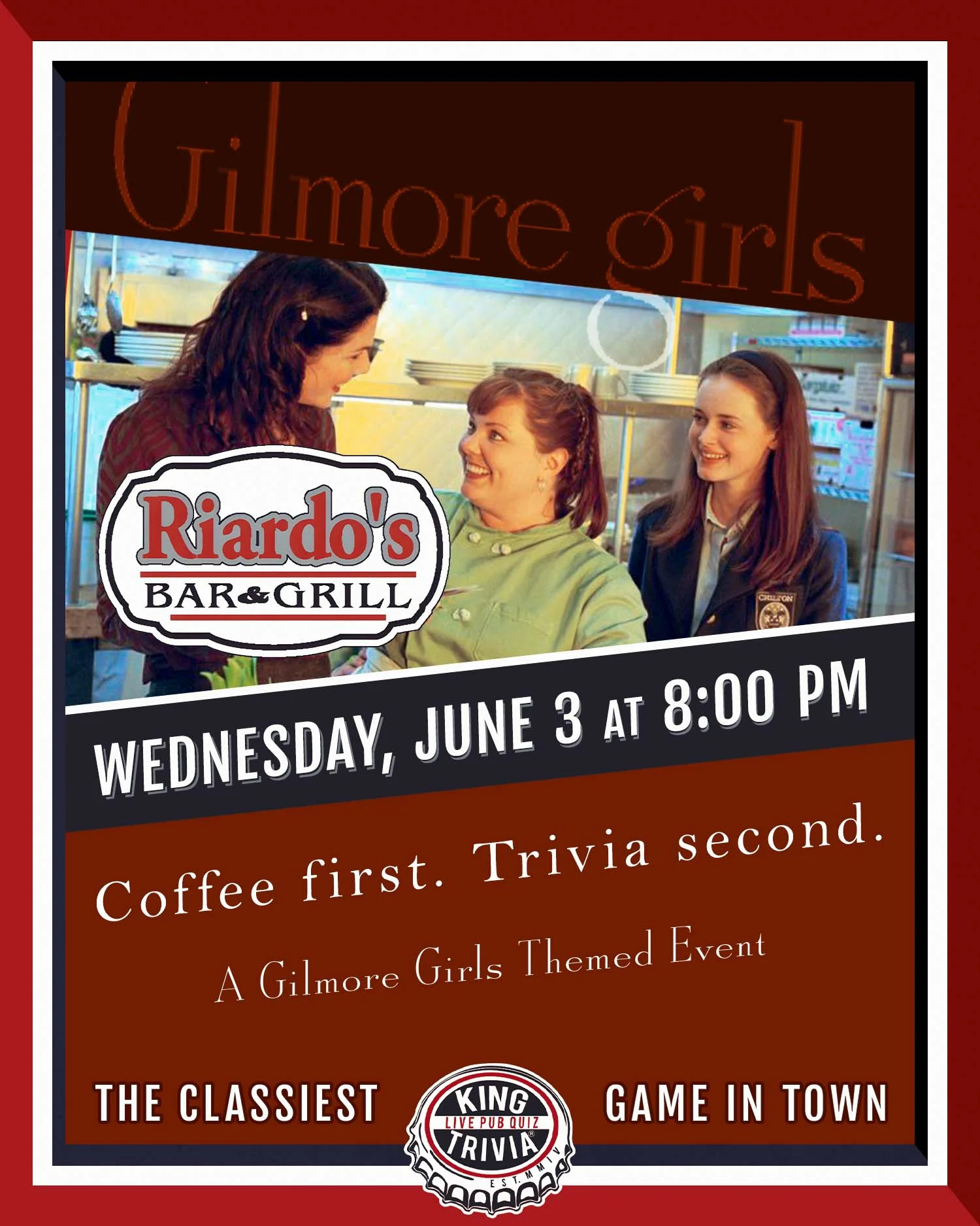 Gilmore Girls trivia night at Riardo's Bar & Grill on June 3 at 8 PM.
