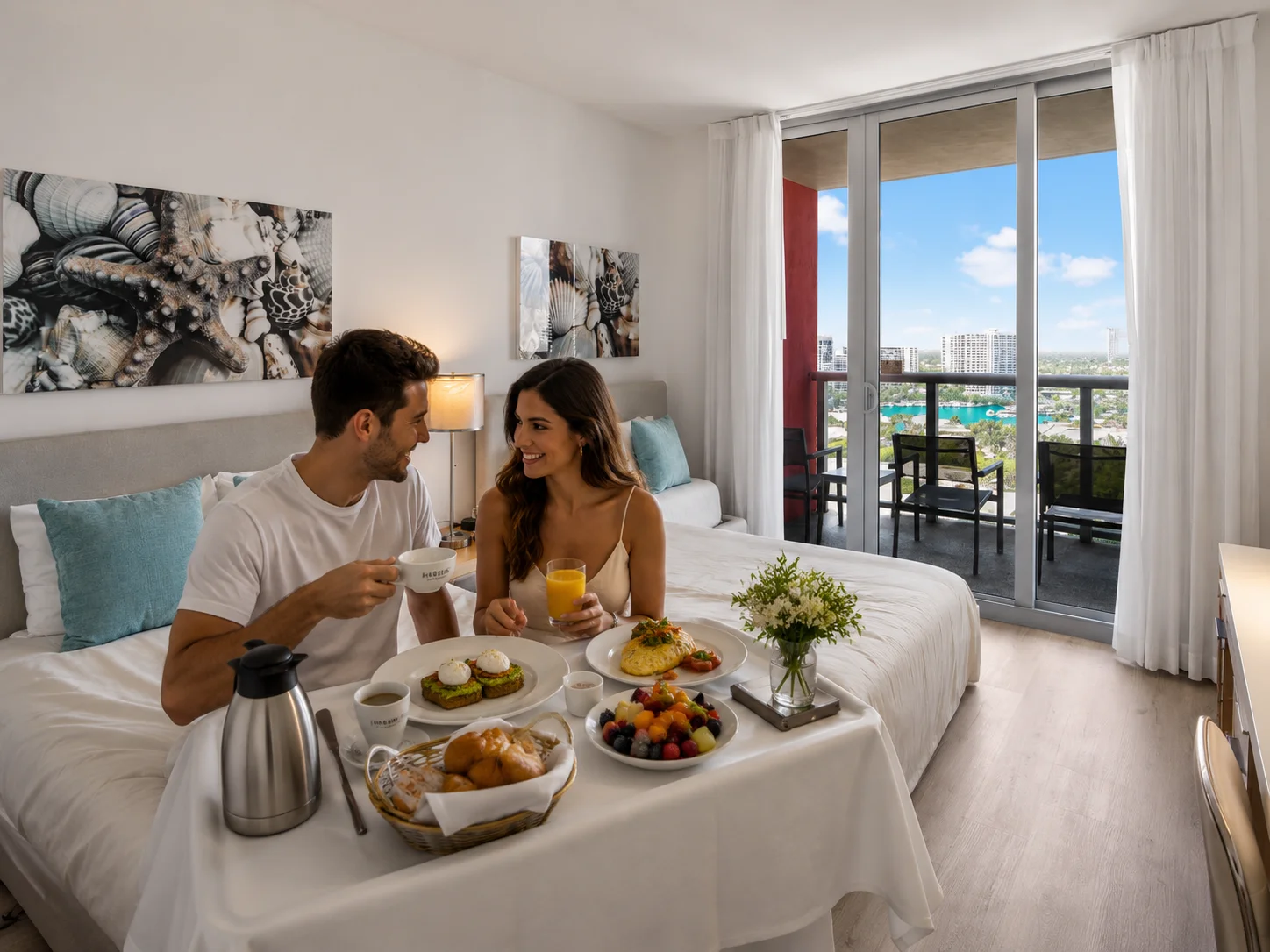 Couple enjoying breakfast in a hotel room with ocean view