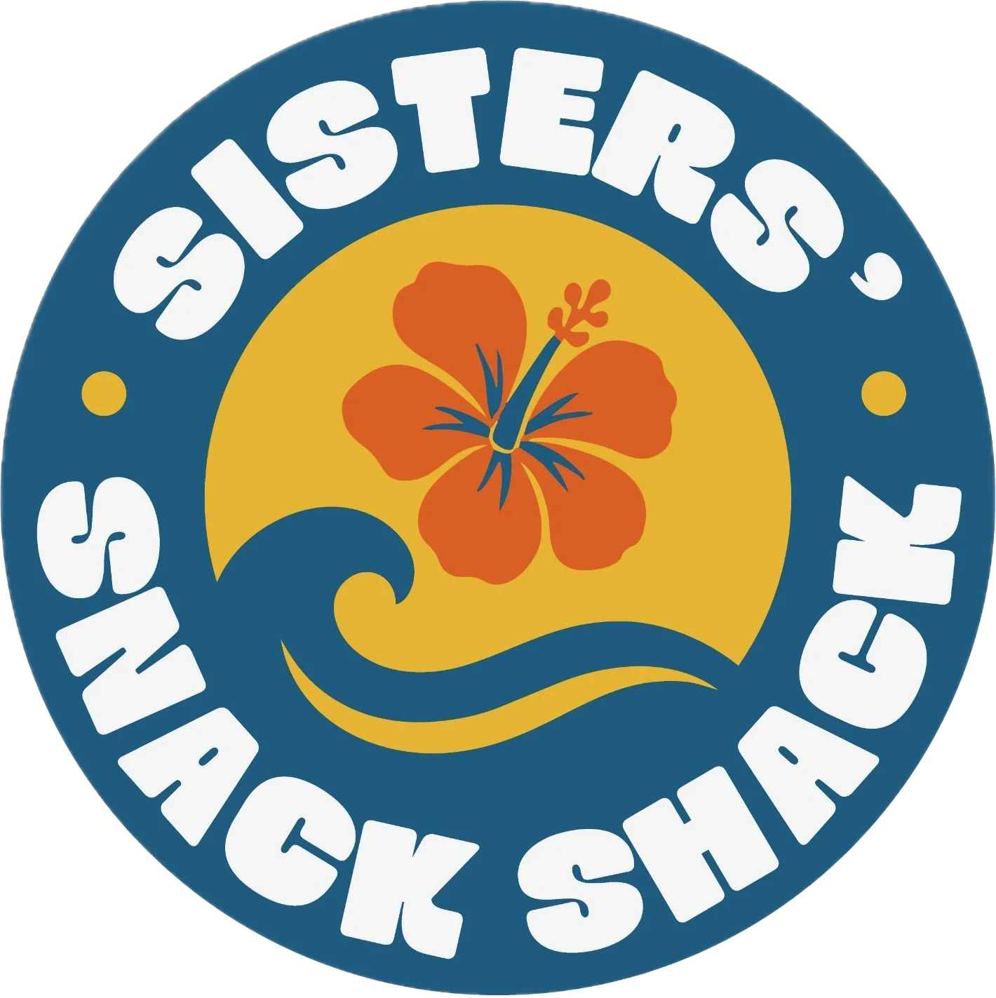 A circular logo featuring a hibiscus flower against a sunny backdrop, designed for a snack shack.
