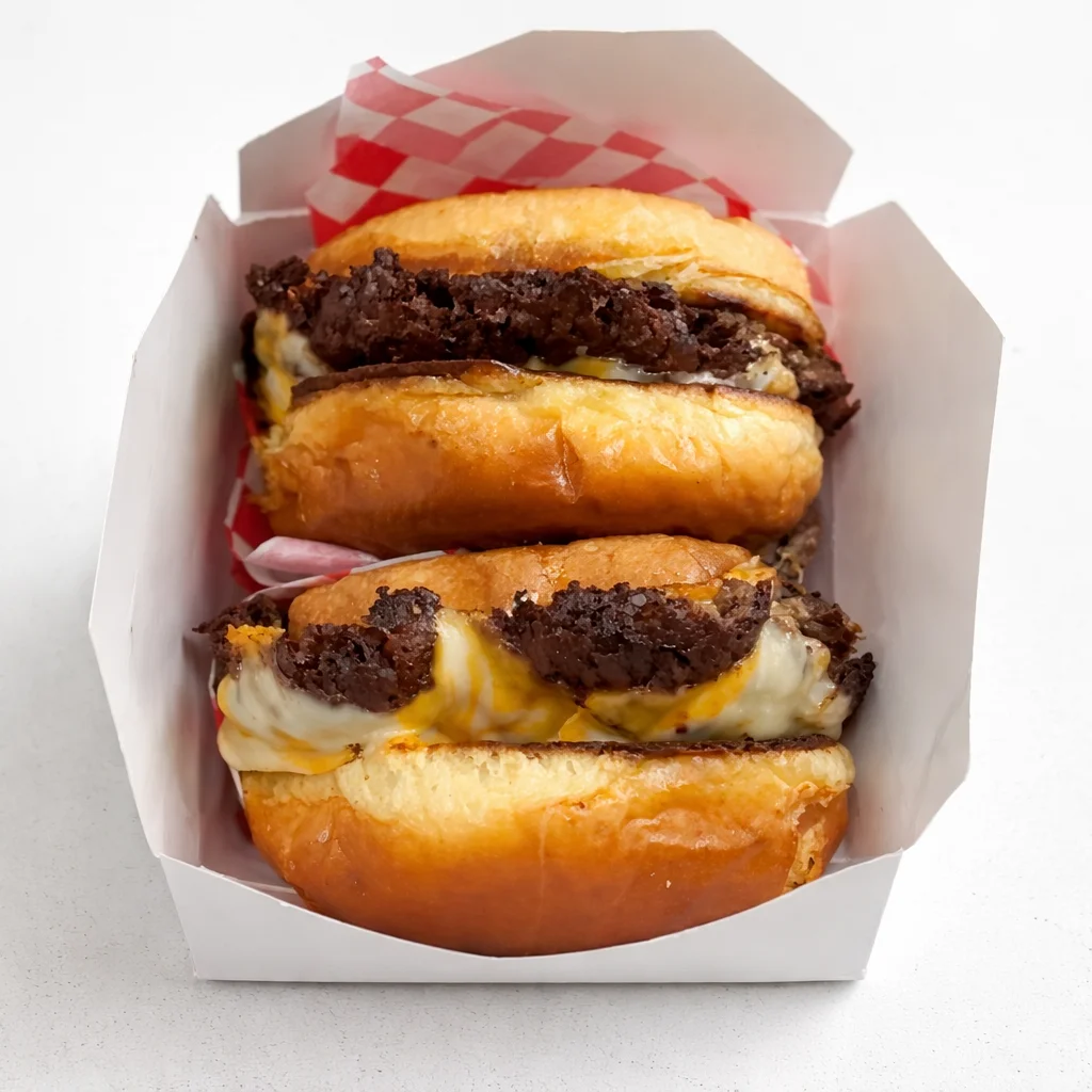Decadent double cheeseburger with crispy edges