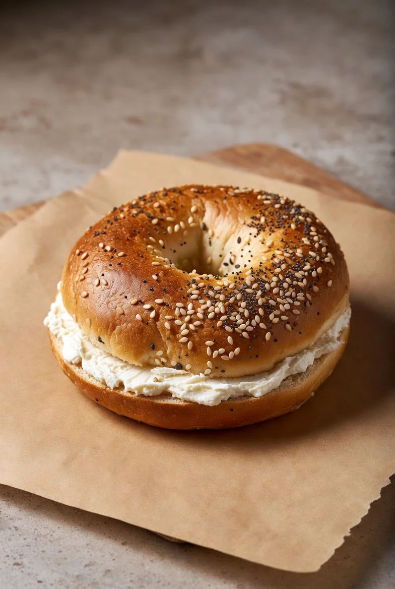 A delicious everything bagel topped with various seeds and seasonings.