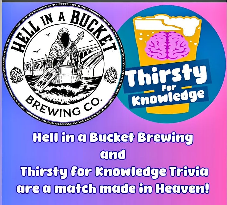 Colorful trivia night promotional graphic with brewery and beer-themed logos