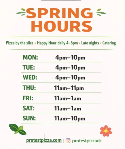 Spring hours for pizza restaurant with happy hour details