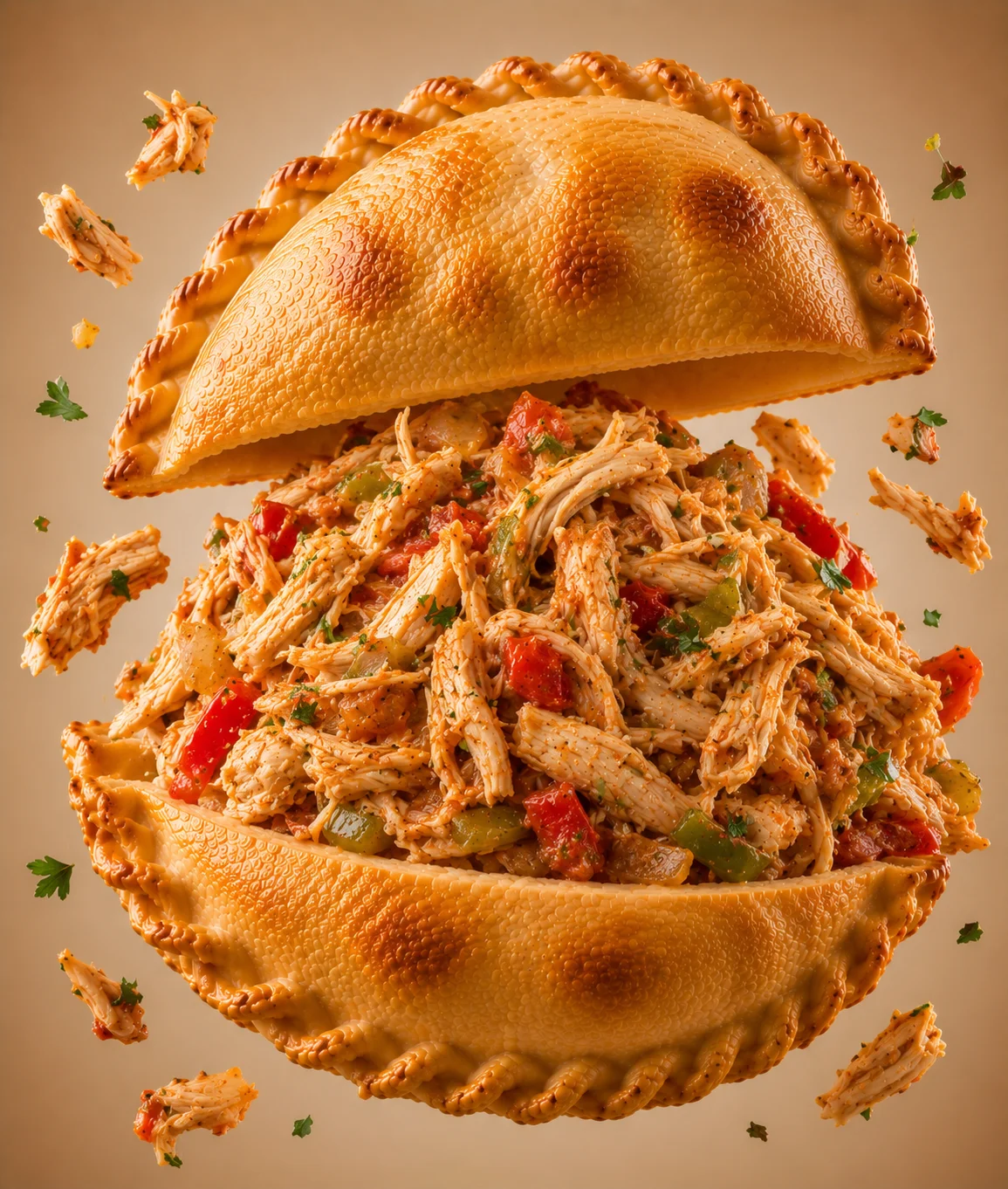 A calzone filled with shredded chicken, colorful bell peppers, and spices, floating above a textured golden crust.
