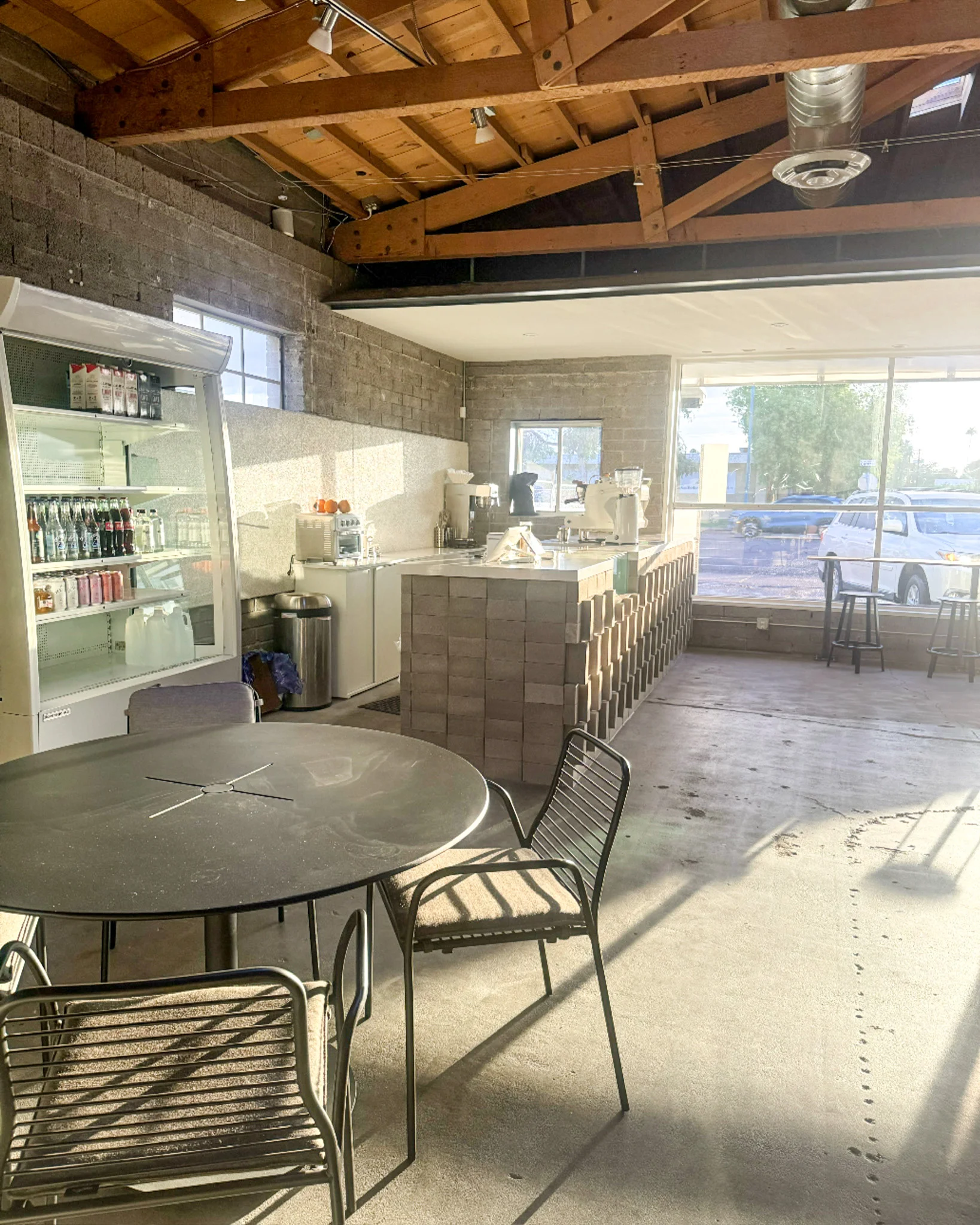 Modern café interior with natural light and minimalist design