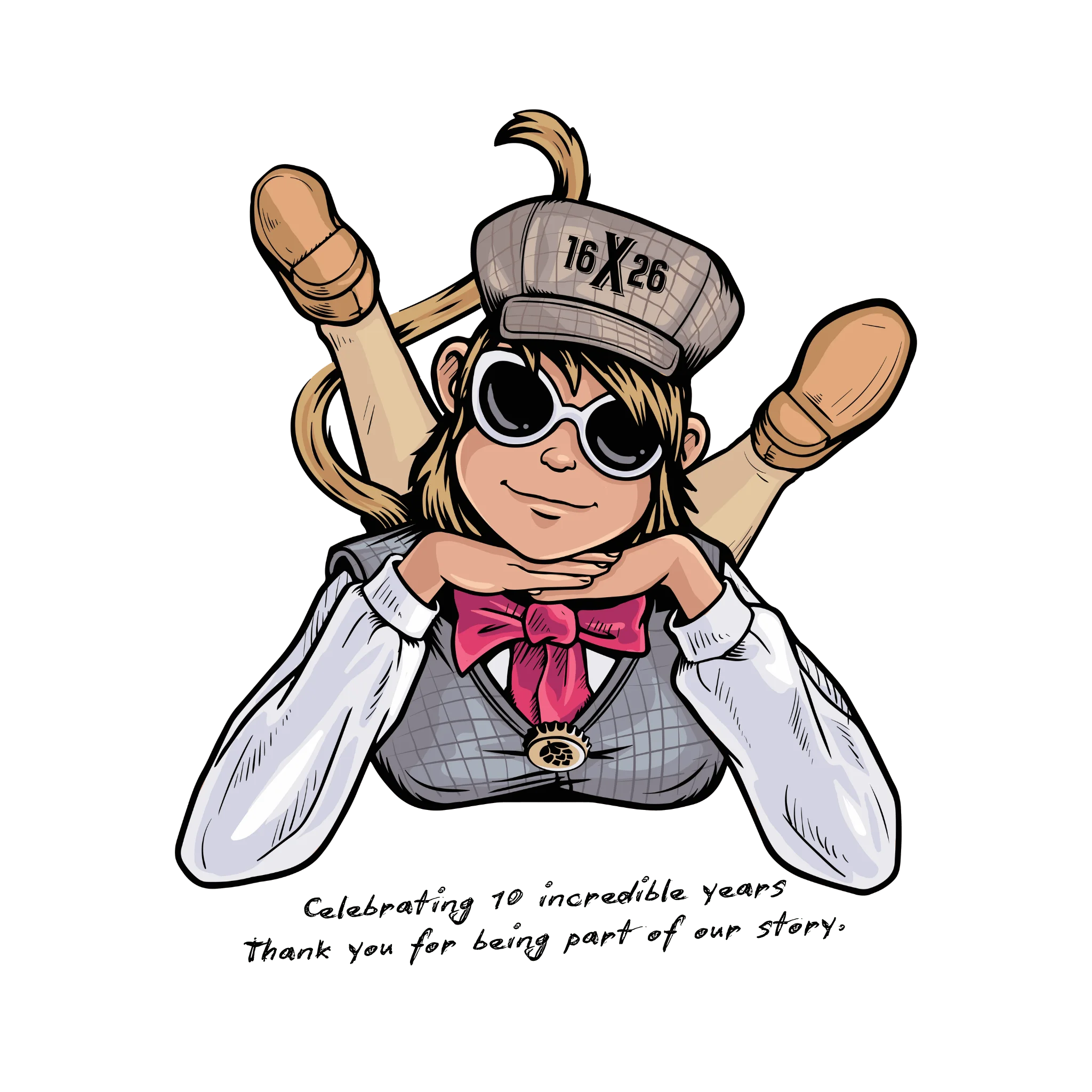 Illustration celebrating 10 years with a character in stylish attire.