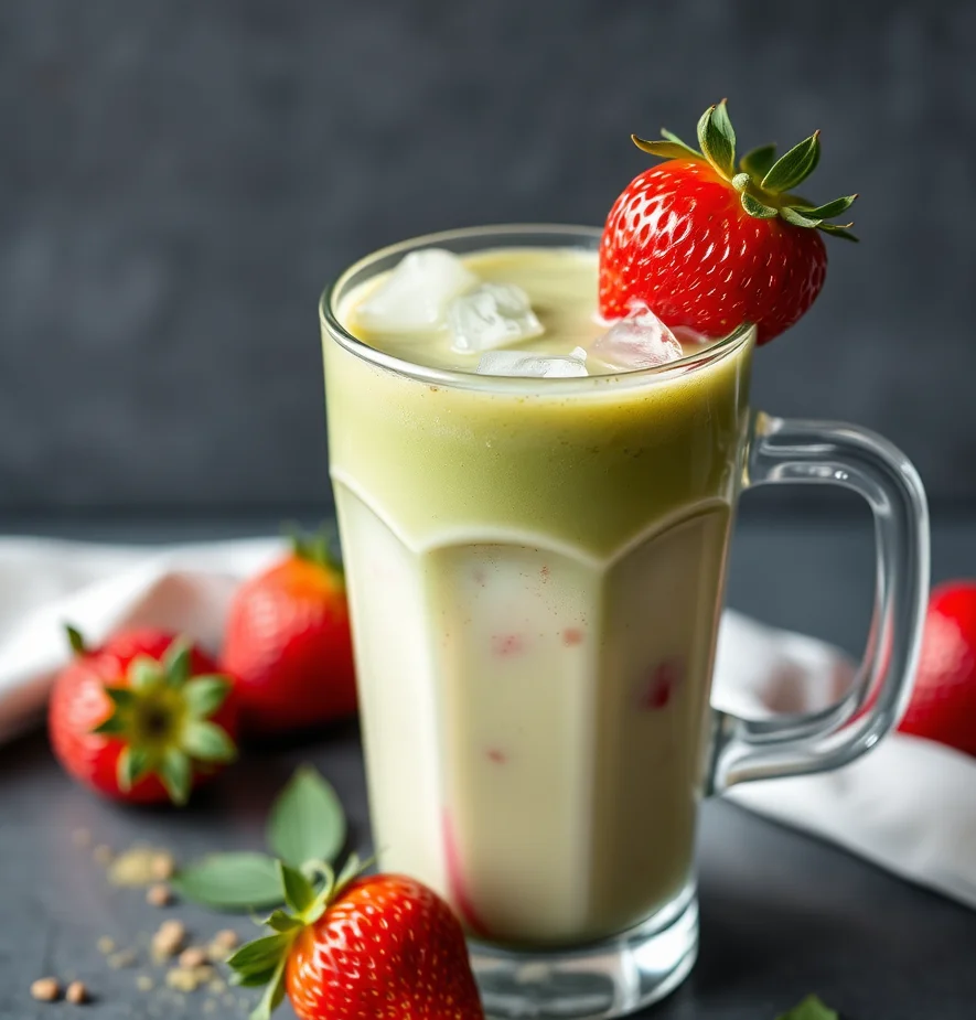 Refreshing strawberry matcha latte in a glass with ice
