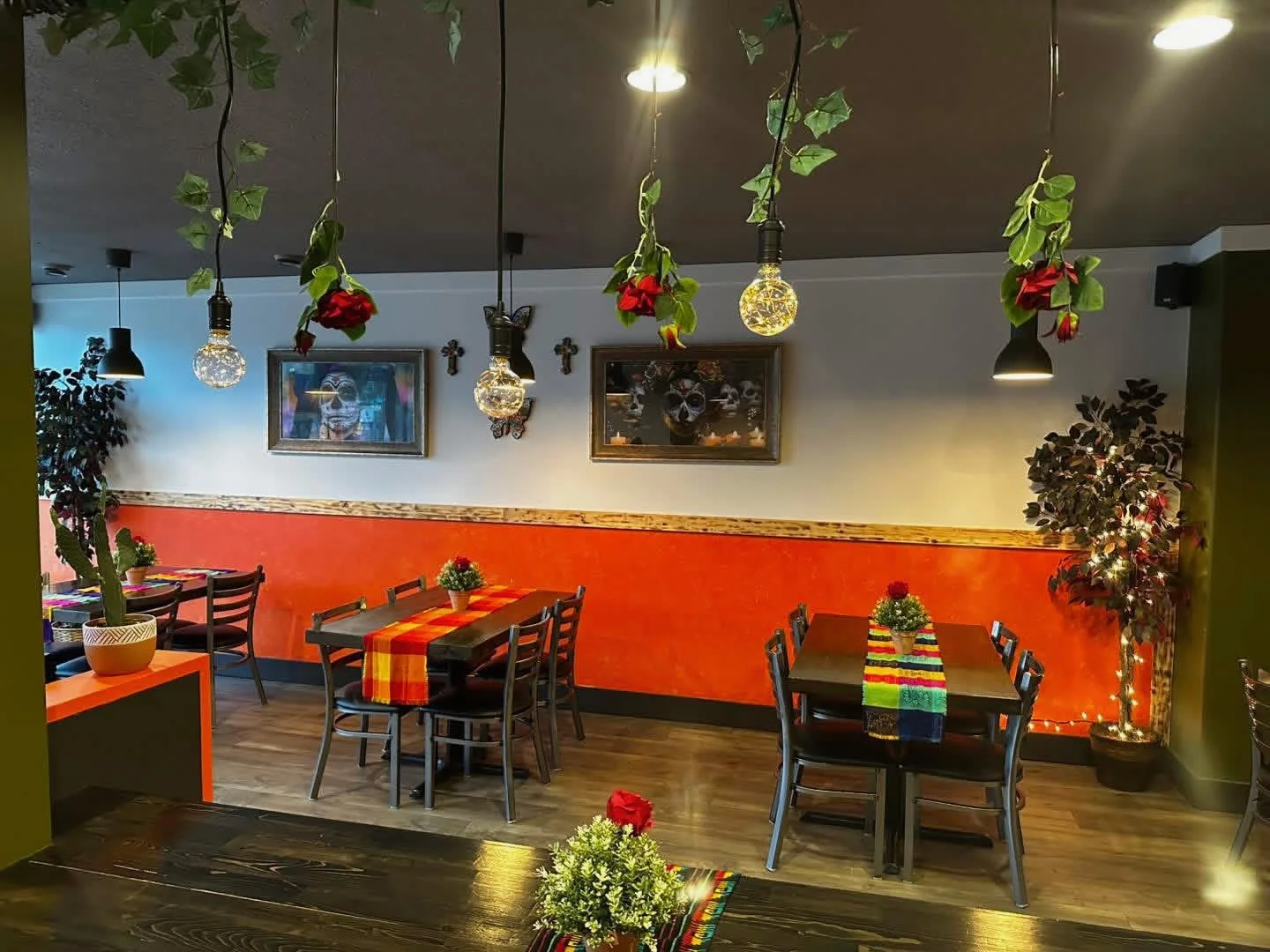 Colorful restaurant interior with vibrant decor and cozy seating