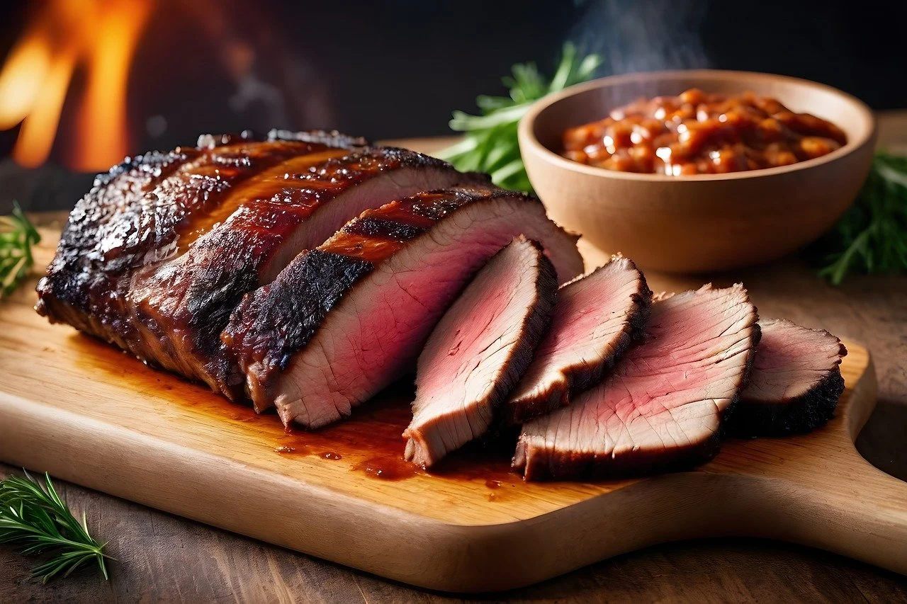 Smoked brisket with barbecue sauce and baked beans