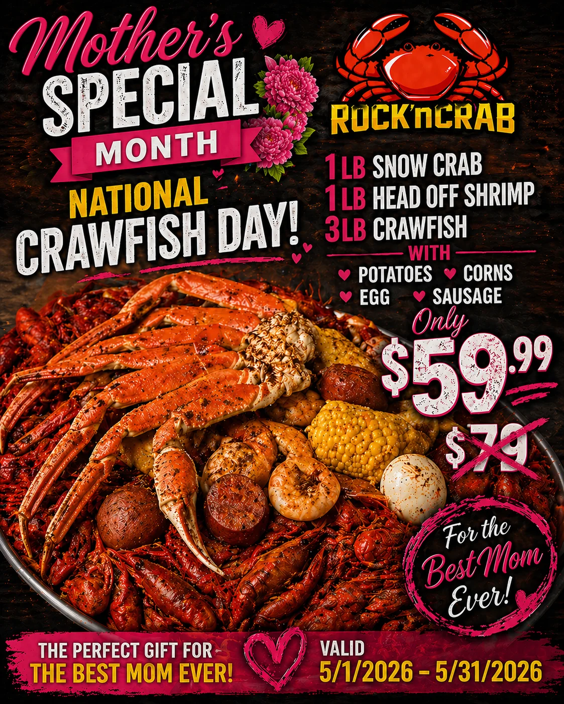 Seafood boil featuring crawfish, snow crab, and shrimp