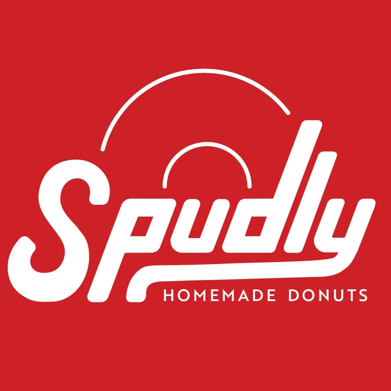 Spudly logo featuring homemade donuts on a vibrant red background