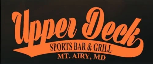 A logo for a sports bar and grill named 'Upper Deck' located in Mount Airy, Maryland, featuring a vibrant orange color scheme.