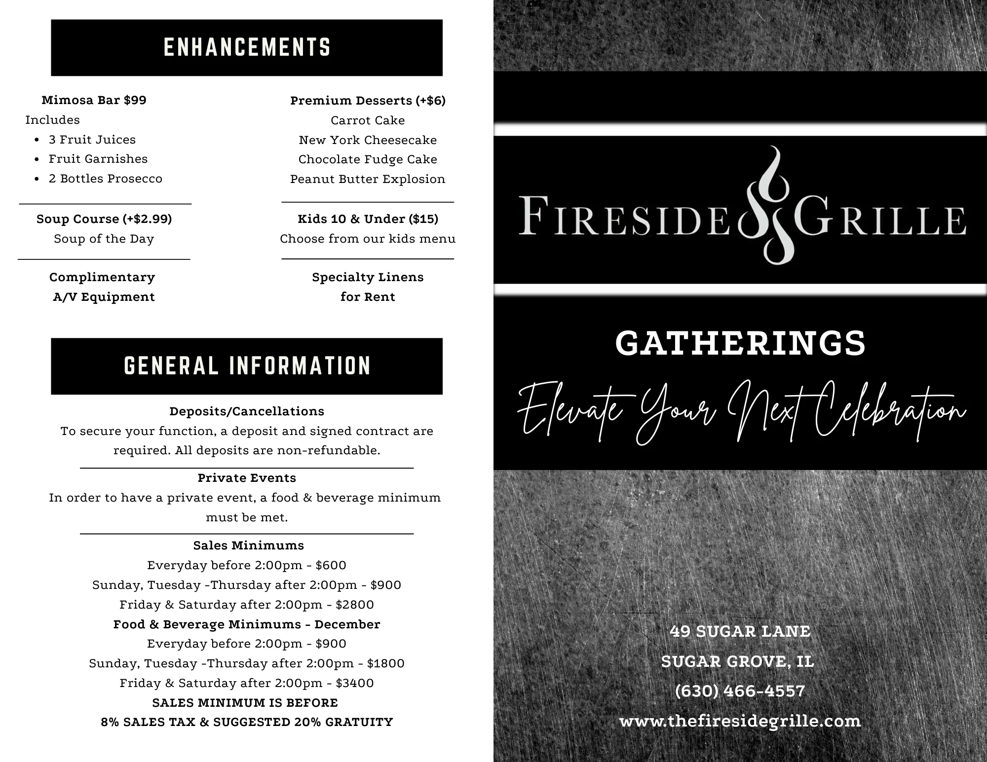 Event menu for gatherings at Fireside Grille in Sugar Grove, IL