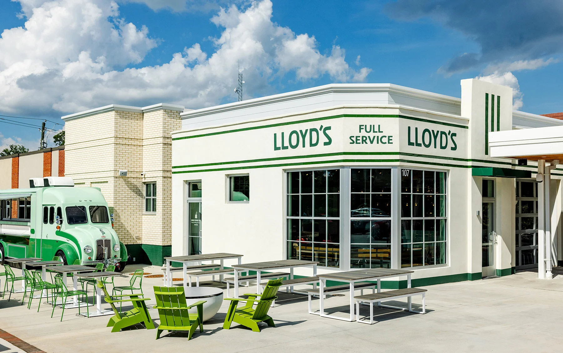 Modern restaurant exterior with large windows and clean lines