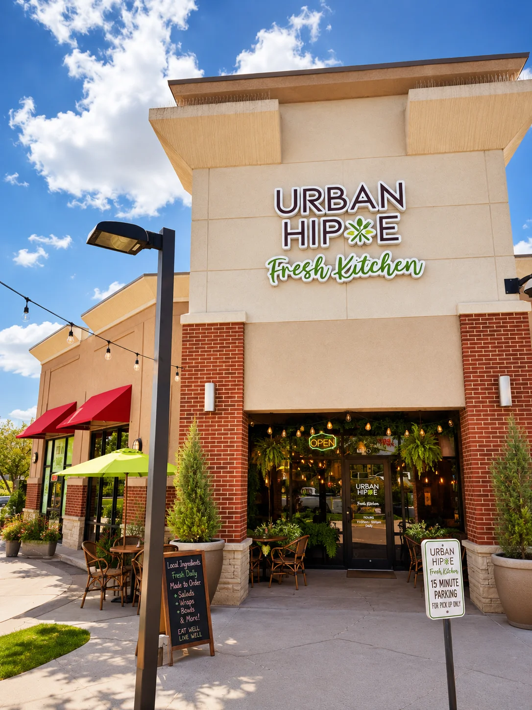 Exterior view of Urban Hippe Fresh Kitchen with outdoor seating.