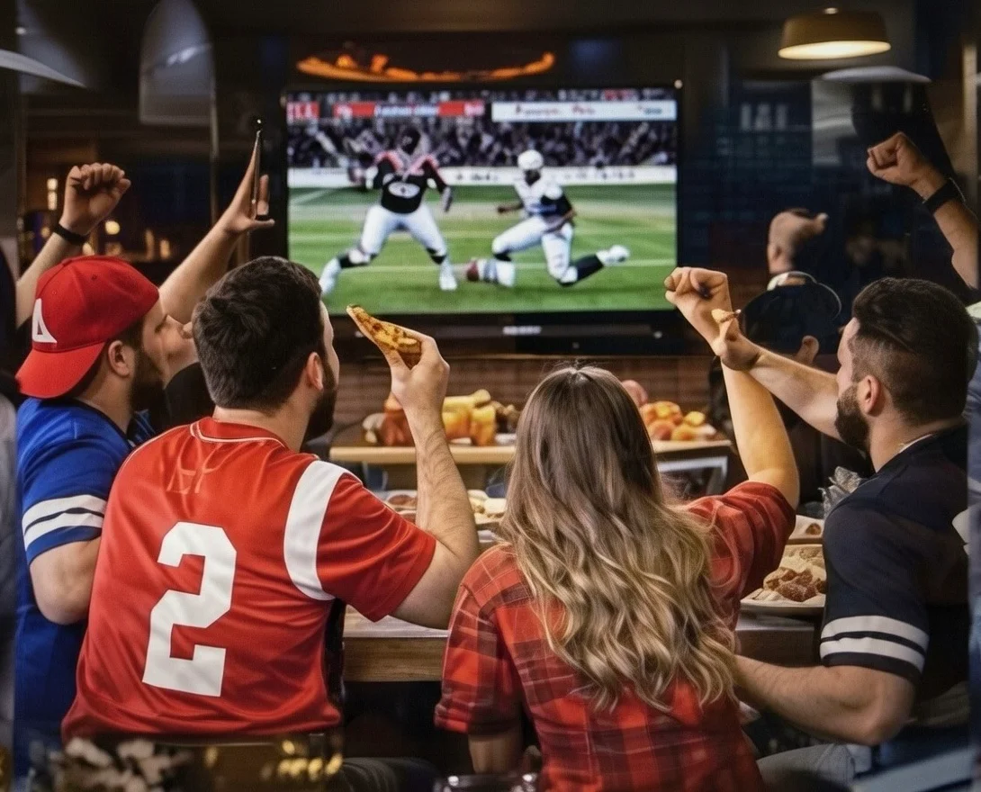 Friends watching a football game and enjoying pizza and wings during game day at Tommy’s Pizza in South Richmond Hill, Queens NY