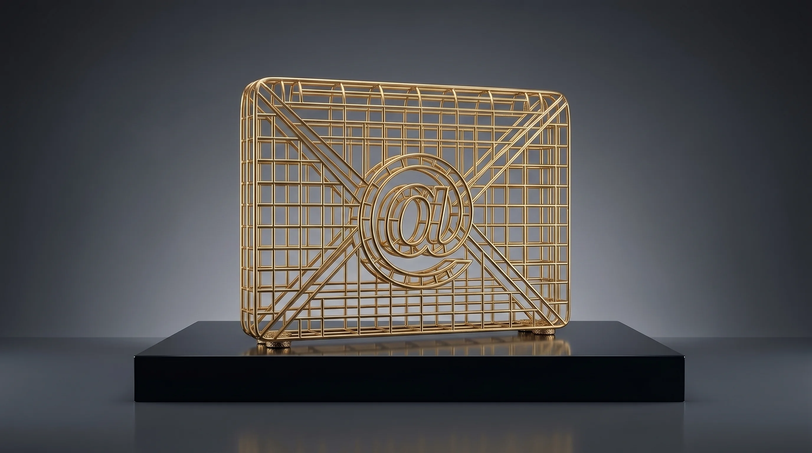 Golden wireframe email symbol sculpture