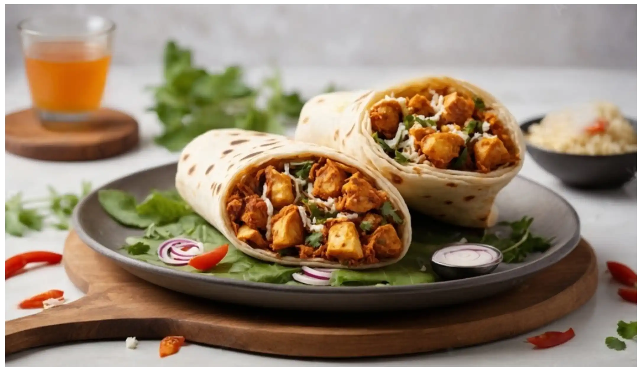 Indian Wrap - Chicken, Paneer, Jeera RIce, Sauteed Pepper, Red Onion, CHopped Lettuce, Sauce
