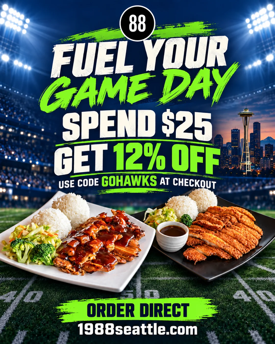 Game day special with teriyaki chicken and katsu plates on a football field