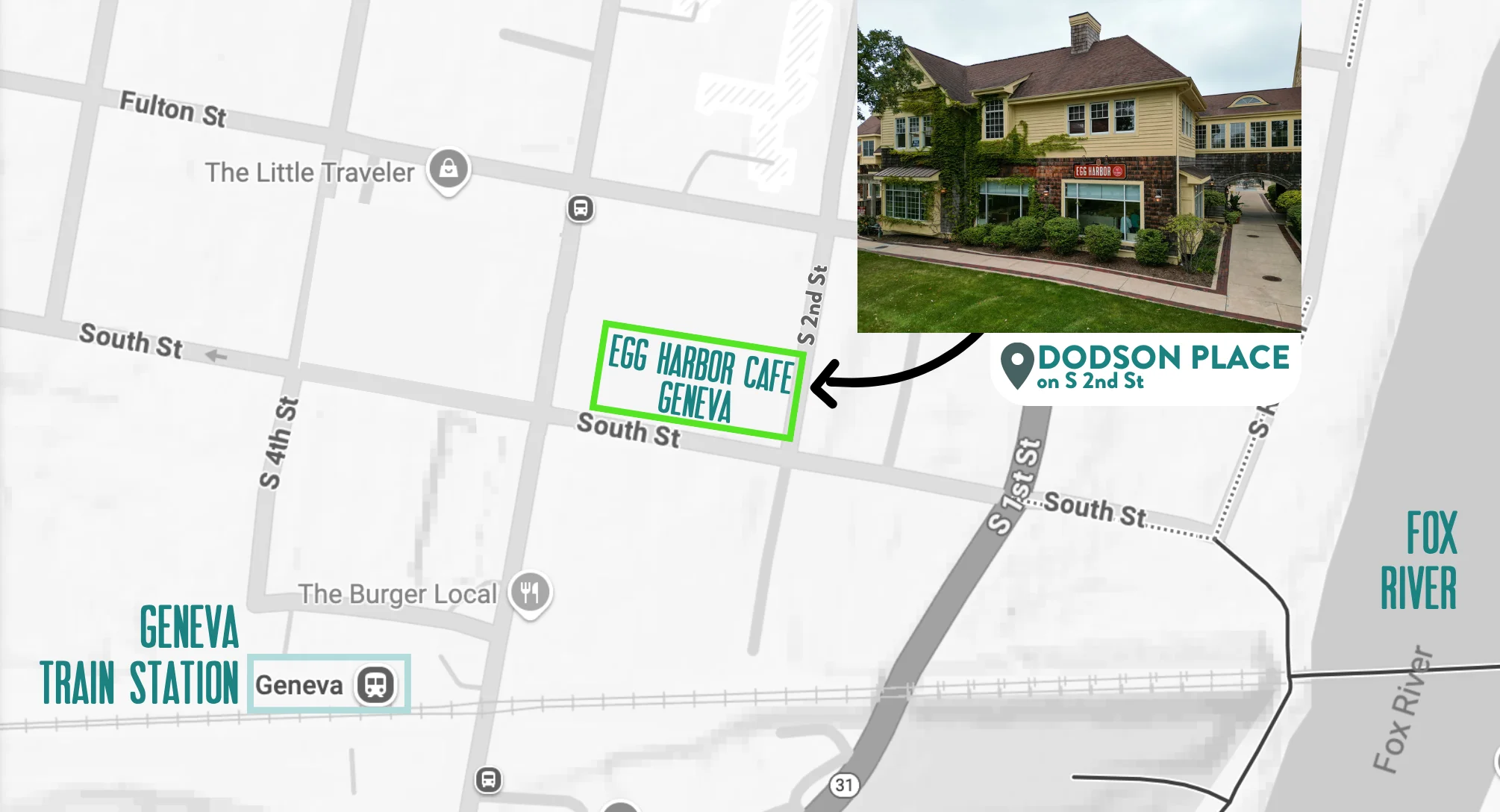 Map showing location of Egg Harbor Cafe in Geneva, Illinois