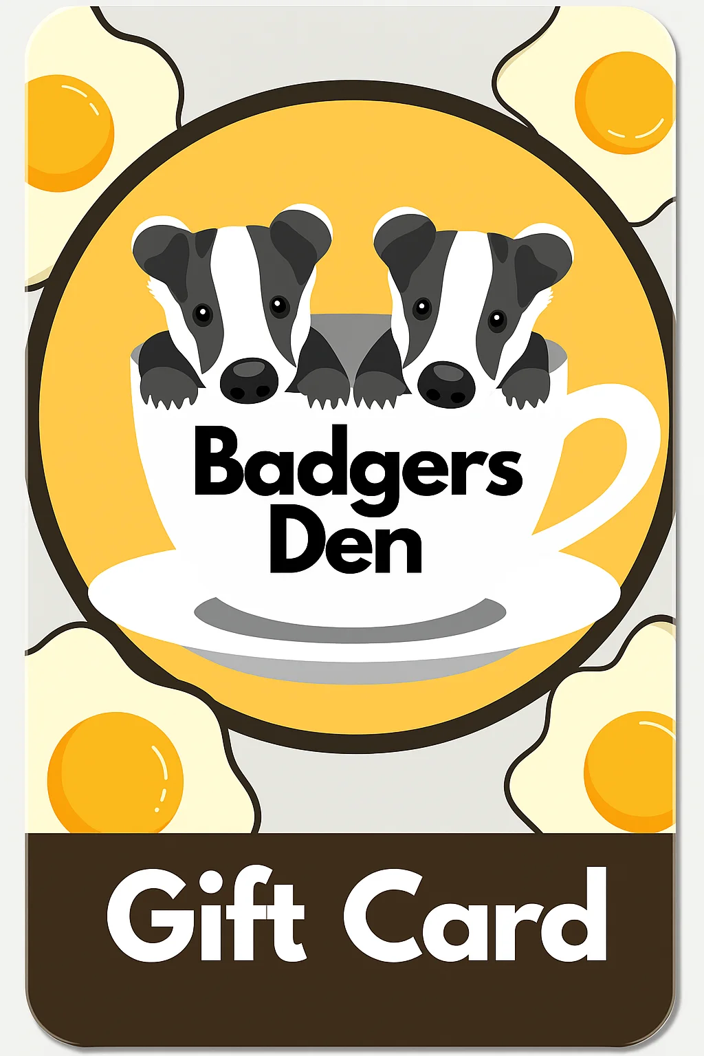 Gift card design featuring playful badgers and breakfast elements