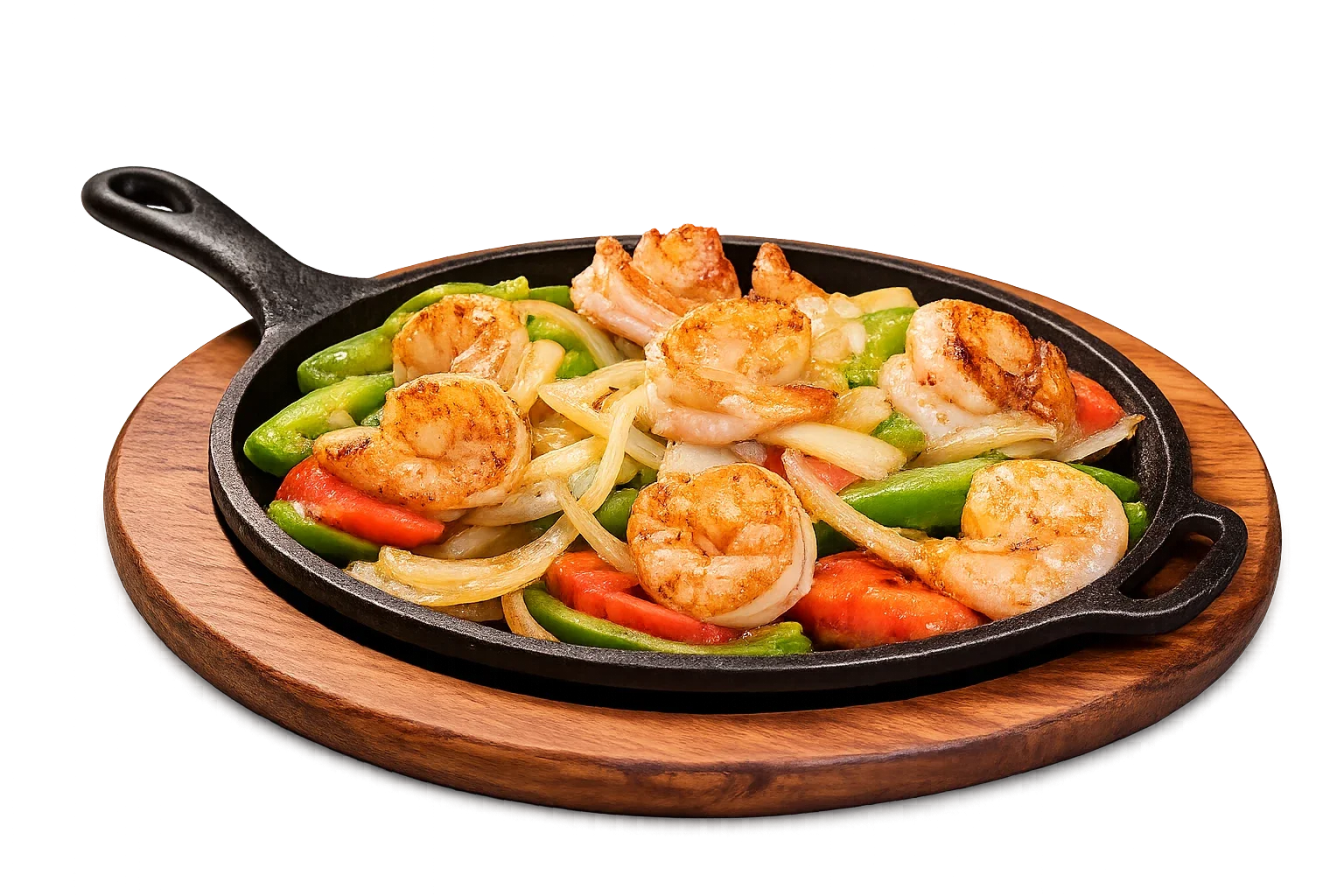 Sizzling shrimp fajitas served on a hot skillet