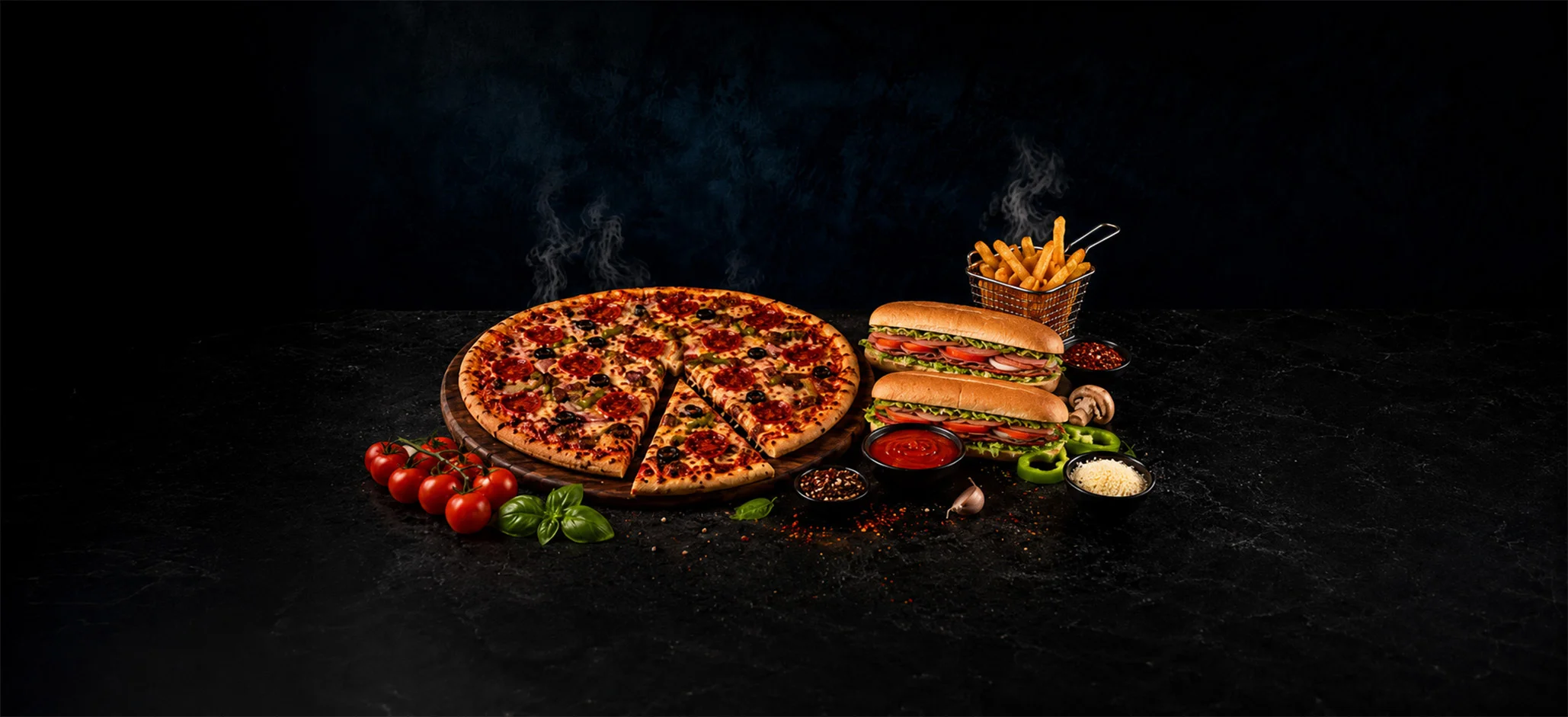 Delicious pepperoni pizza and burger with fries on a dark background