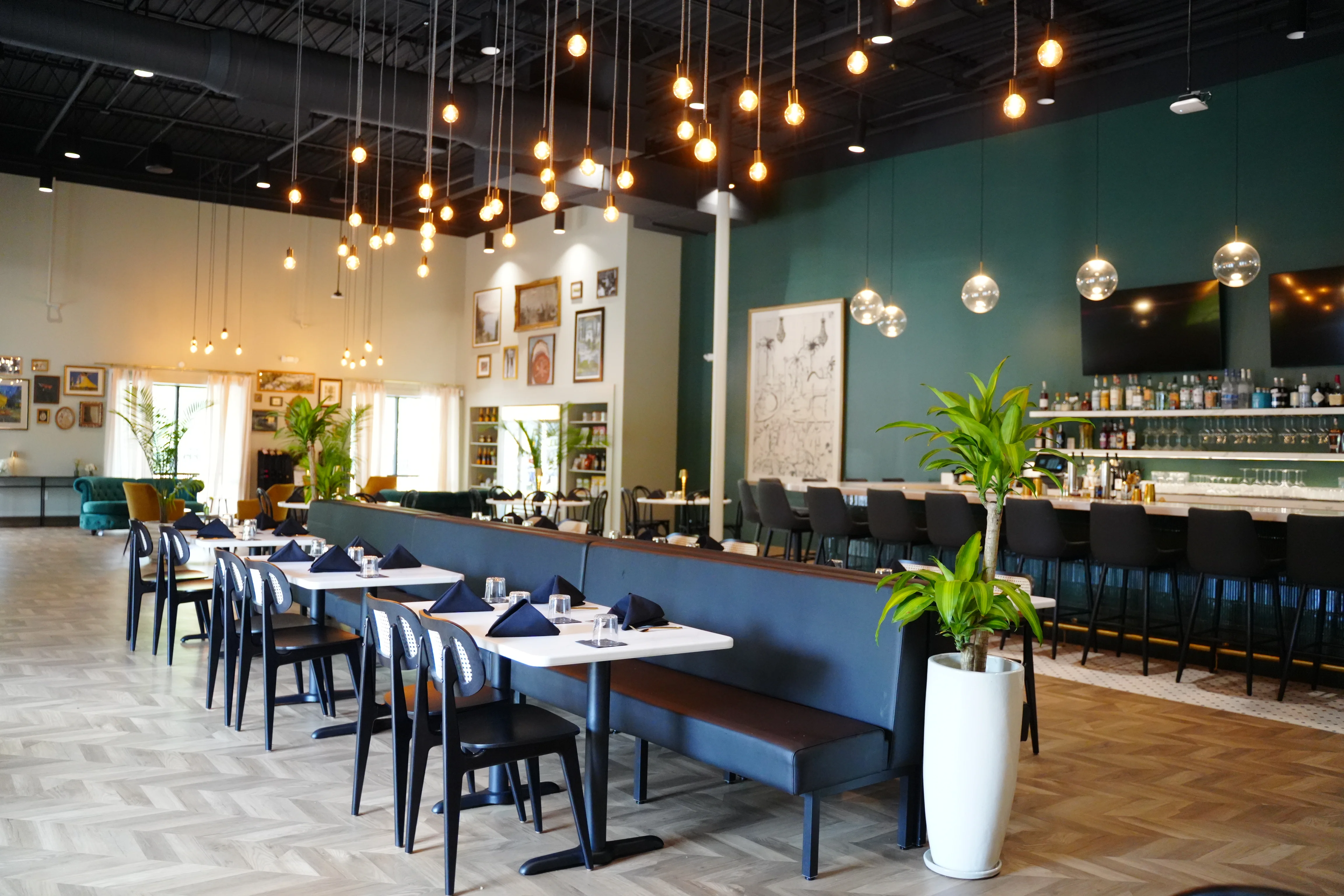 Modern restaurant interior with stylish decor and ambient lighting