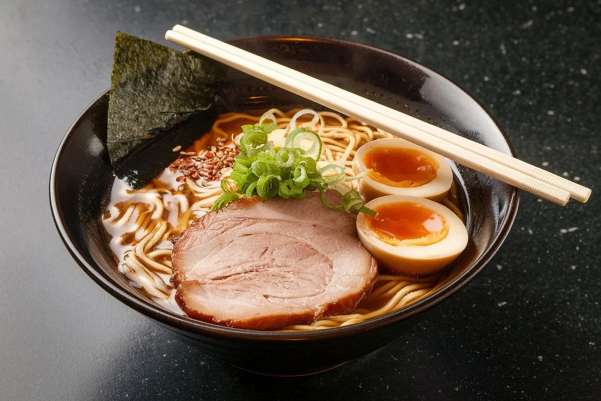 Japanese shoyu ramen with chashu pork and soft-boiled eggs