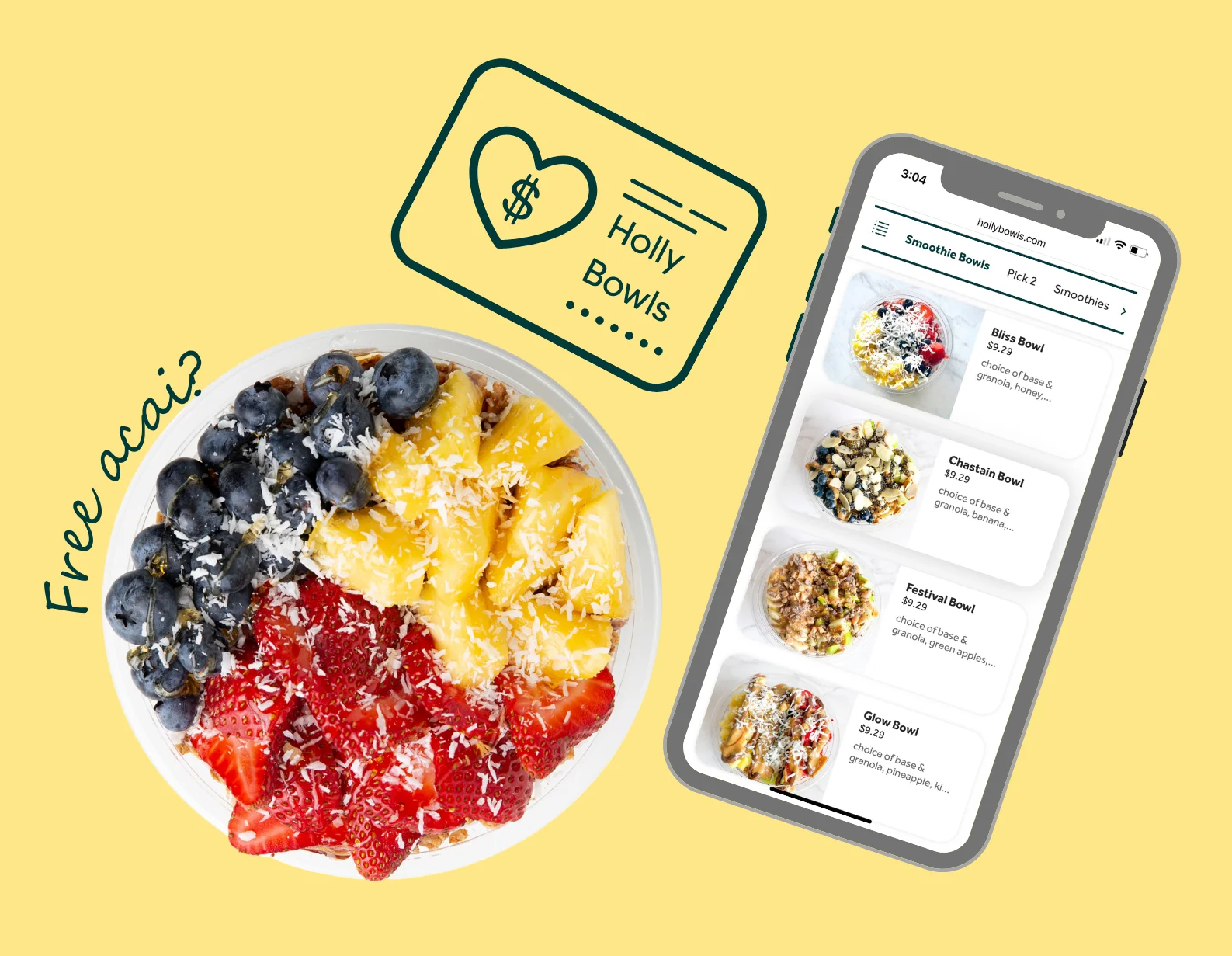 Image of a phone screen showing the ordering online app called Local by Toast, an acai bowl, and Holly Bowl loyalty card.
